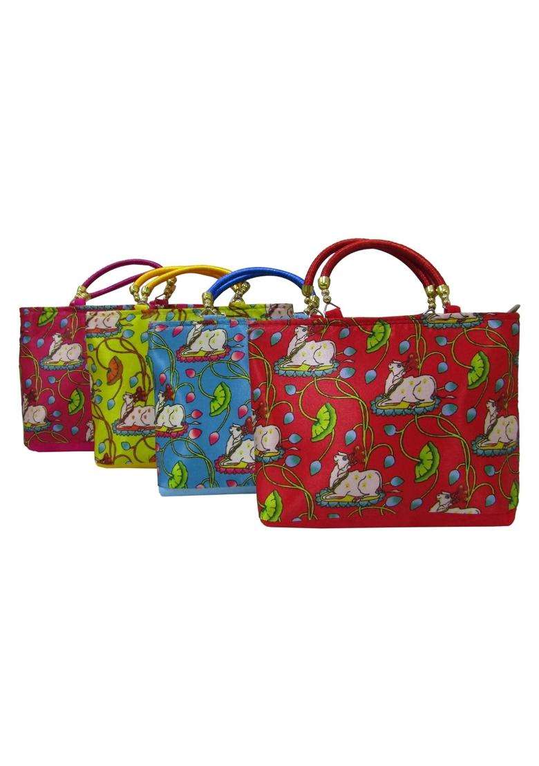 Purple Pink Pichwai Cow Print Design Potli Bag Return Gifts for Women Bulk Wedding Favors Potli Purse - Indya