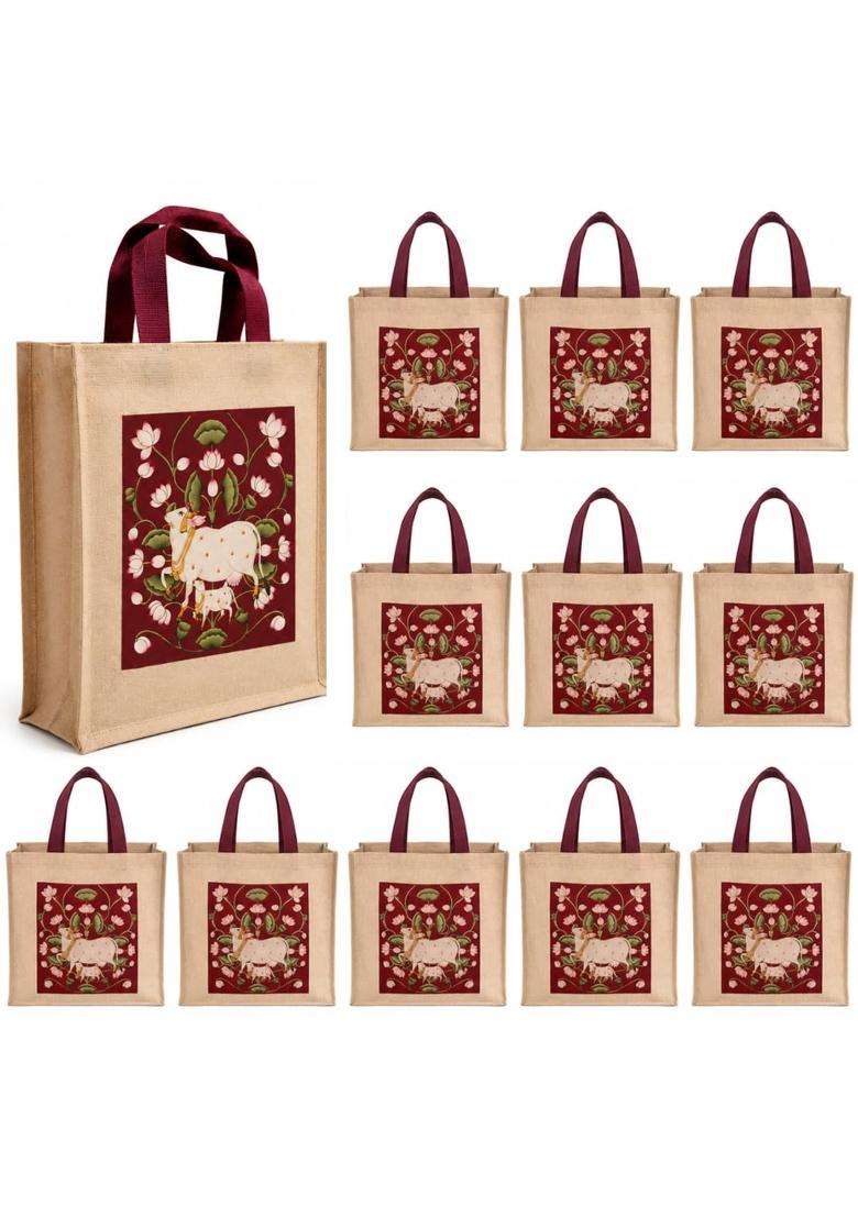 VARU Jute Cotton Return Gift Bags Pichwai Design 12x12x4 Inch Pack of 12 - Indya