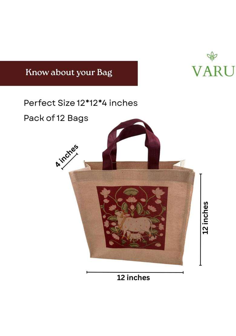 VARU Jute Cotton Return Gift Bags Pichwai Design 12x12x4 Inch Pack of 12 - Indya