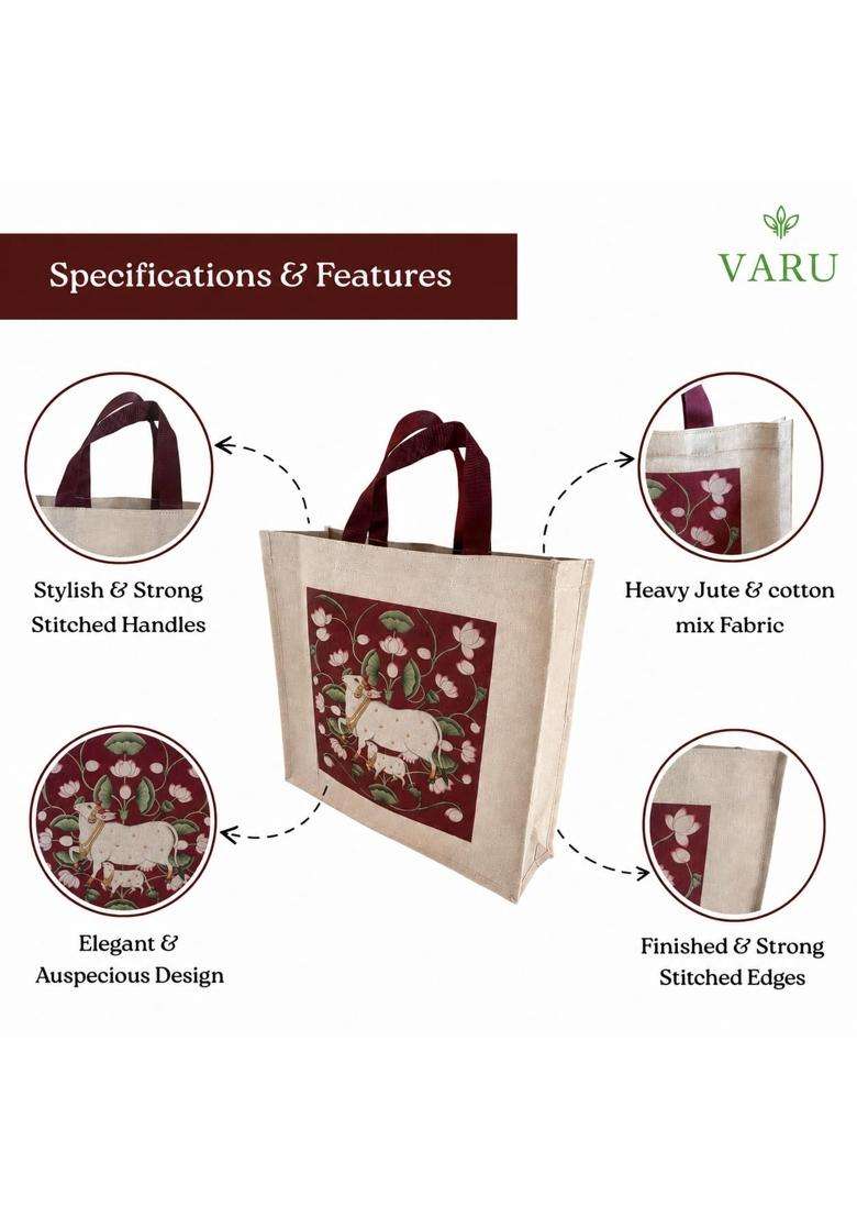 VARU Jute Cotton Return Gift Bags Pichwai Design 12x12x4 Inch Pack of 12 - Indya