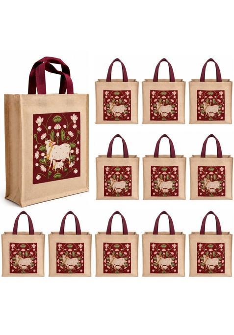 VARU Jute Cotton Return Gift Bags Pichwai Design 12x12x4 Inch Pack of 12