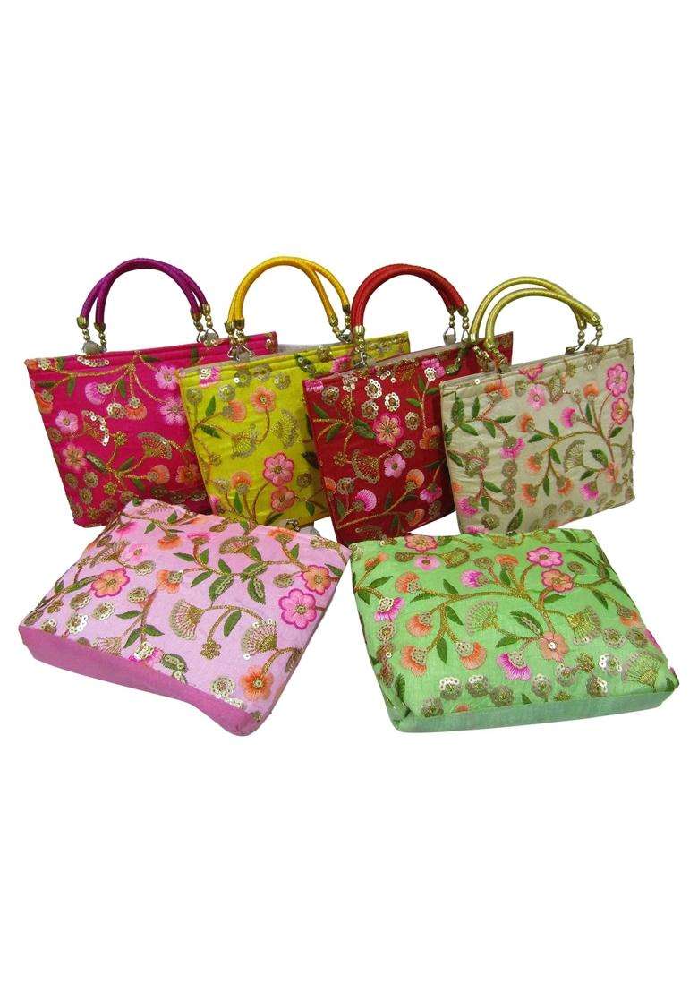 Purple Pink Royal Floral Traditional Design Potli Bag Return Gifts for Women Bulk Wedding Favors Potli Purse - Indya