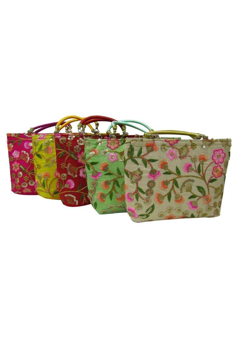 Purple Pink Royal Floral Traditional Design Potli Bag Return Gifts for Women Bulk Wedding Favors Potli Purse - Indya