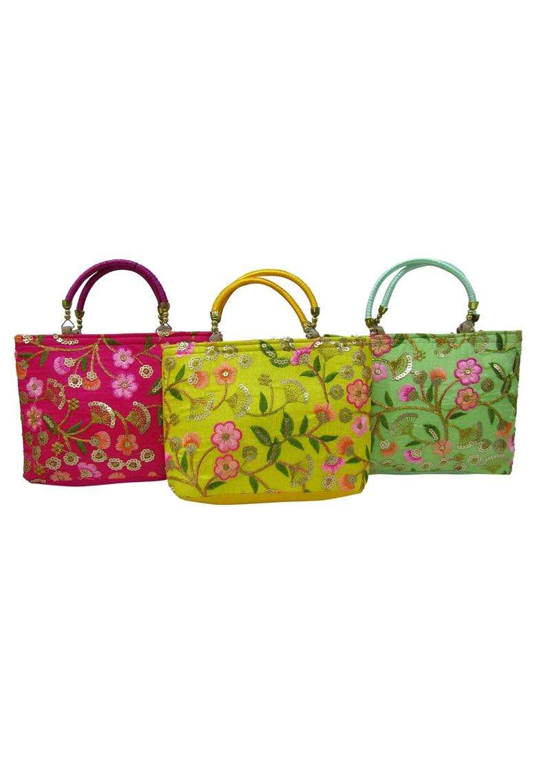 Purple Pink Royal Floral Traditional Design Potli Bag Return Gifts for Women Bulk Wedding Favors Potli Purse - Indya