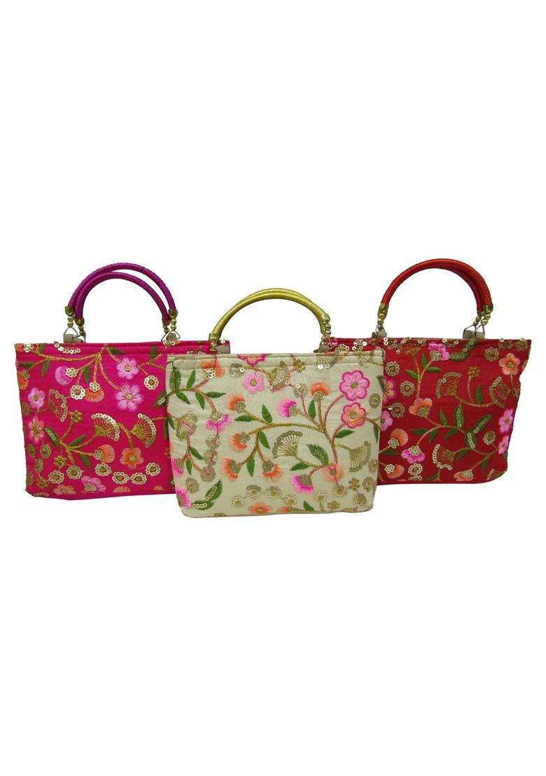 Purple Pink Royal Floral Traditional Design Potli Bag Return Gifts for Women Bulk Wedding Favors Potli Purse - Indya