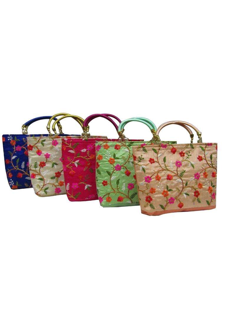 Purple Pink Ethnic Flower Embroidery Potli Bags for Return Gifts for Women Bulk Menhadi Haldi Sangeet - Indya