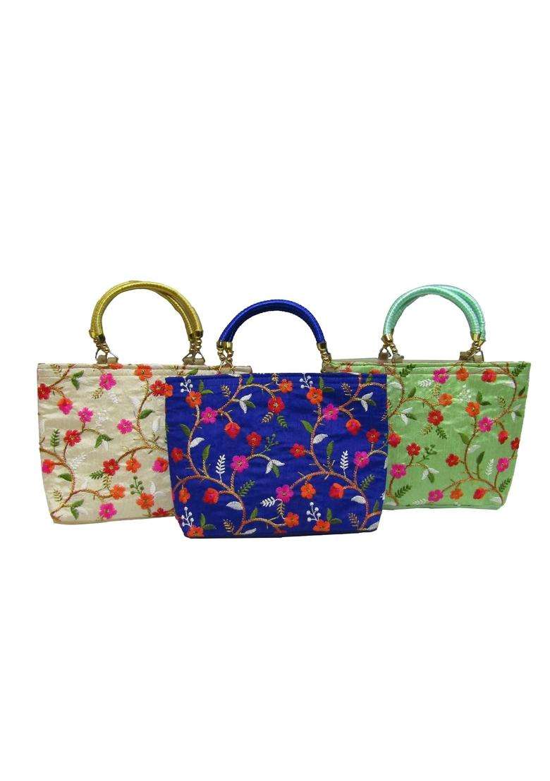 Purple Pink Ethnic Flower Embroidery Potli Bags for Return Gifts for Women Bulk Menhadi Haldi Sangeet - Indya