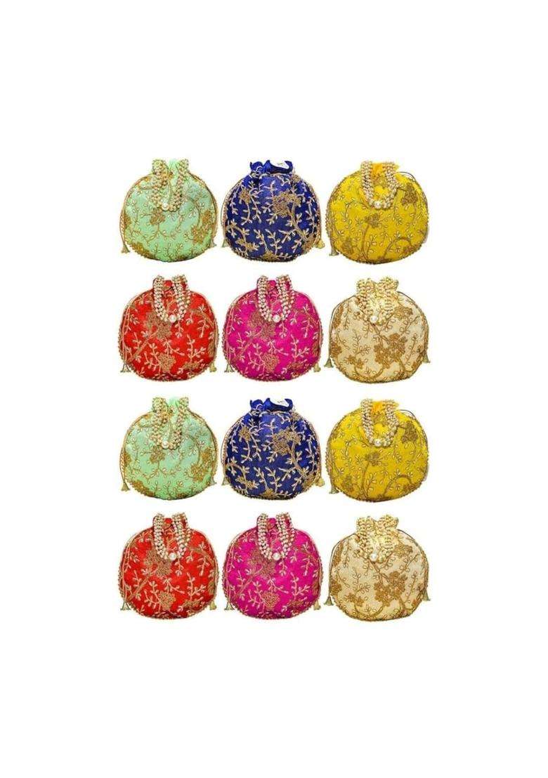 AT Ankit Traders Embroidered Floral Design Potli Bag with Moti Handle Pack of 12 - Indya