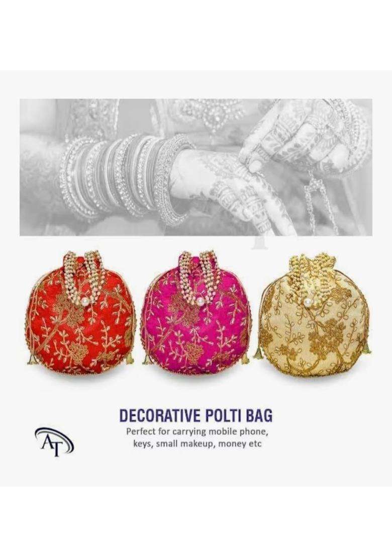AT Ankit Traders Embroidered Floral Design Potli Bag with Moti Handle Pack of 12 - Indya