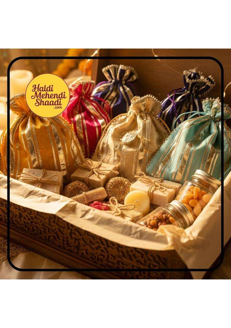 Haldi Mehendi Shaadi 5 Pcs Handmade Jaipuri Potli Bags with Golden Gota Patti Work and Tassel Drawstring - Indya
