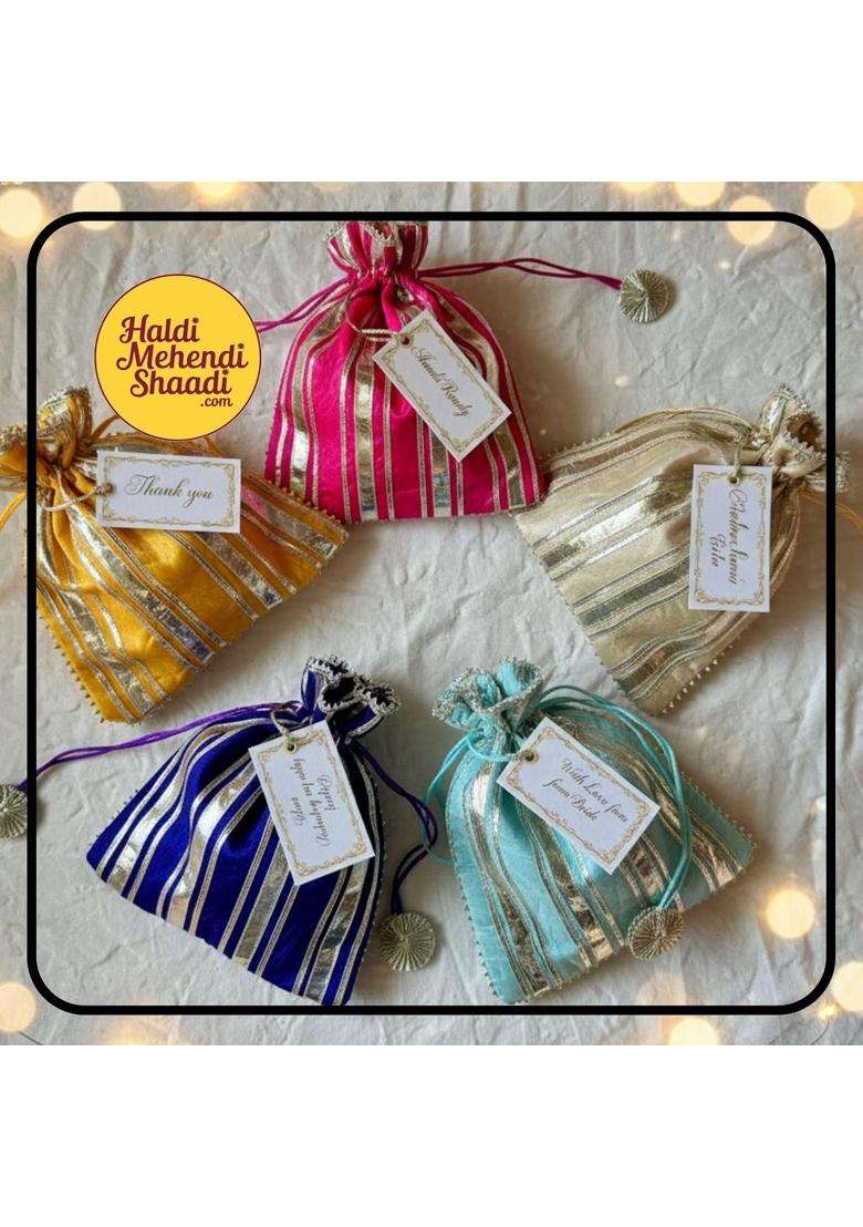 Haldi Mehendi Shaadi 5 Pcs Handmade Jaipuri Potli Bags with Golden Gota Patti Work and Tassel Drawstring - Indya