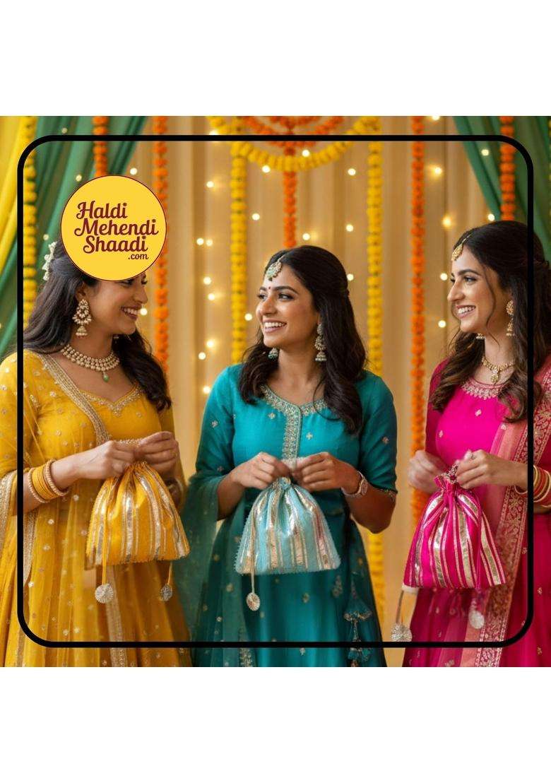 Haldi Mehendi Shaadi 5 Pcs Handmade Jaipuri Potli Bags with Golden Gota Patti Work and Tassel Drawstring - Indya