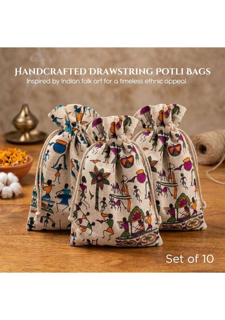 Ekhasa Multicolor Small Potli Bags for Return Gift Handcrafted Cloth Drawstring Gift Pouches Pack of 10 - Indya