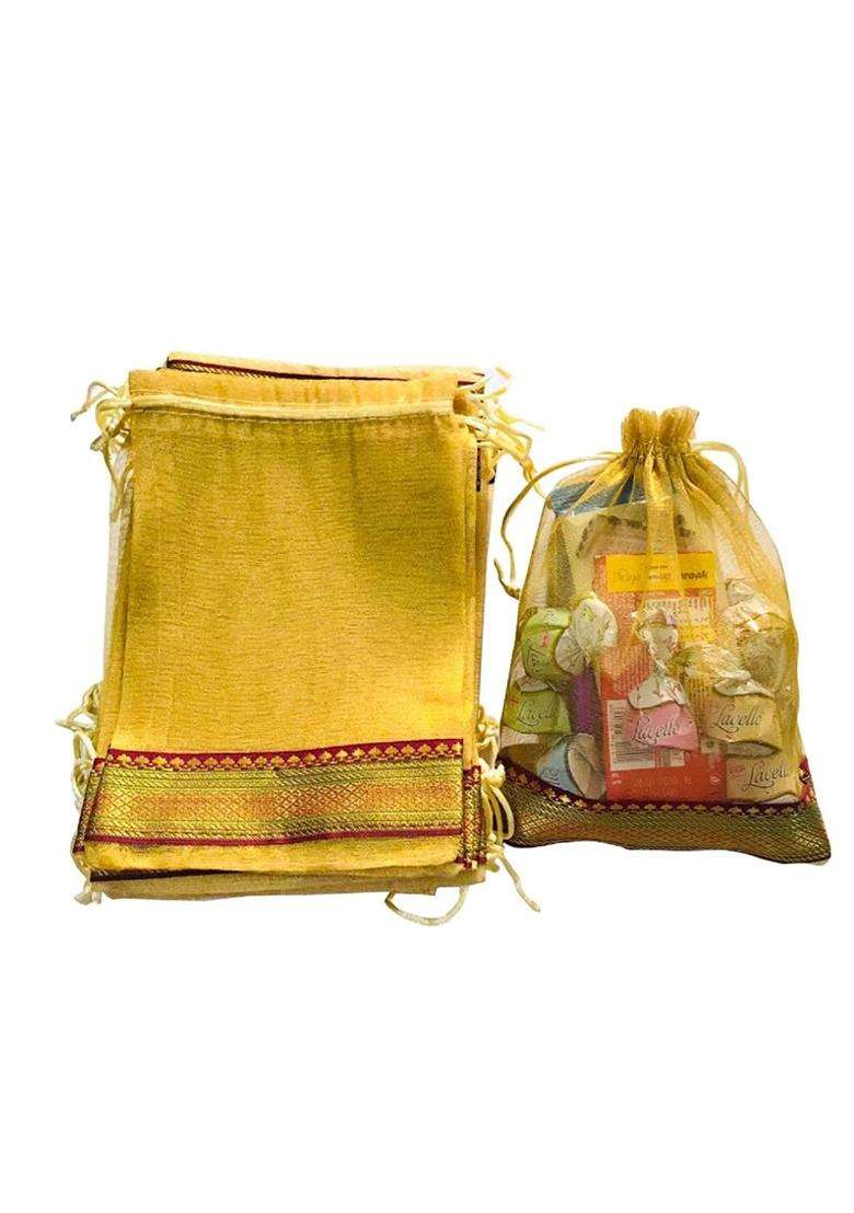 Kriwin 9 X 7 Inch Medium Size Tissue Silk Gift Bags Potli Pouches with Brocade Border Golden Pack of 25 - Indya