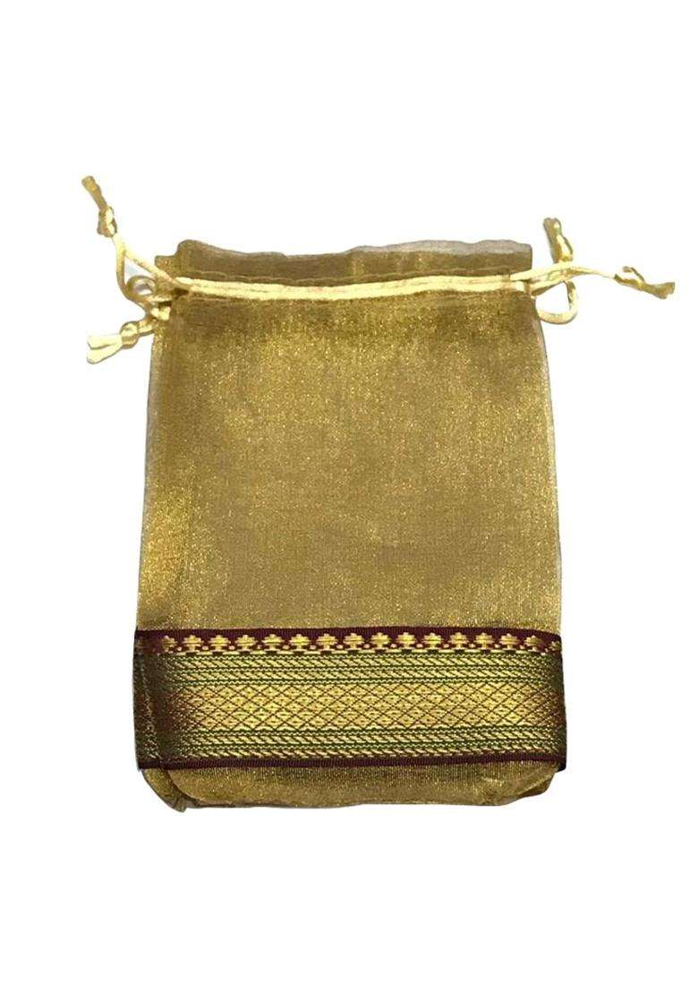 Kriwin 9 X 7 Inch Medium Size Tissue Silk Gift Bags Potli Pouches with Brocade Border Golden Pack of 25 - Indya