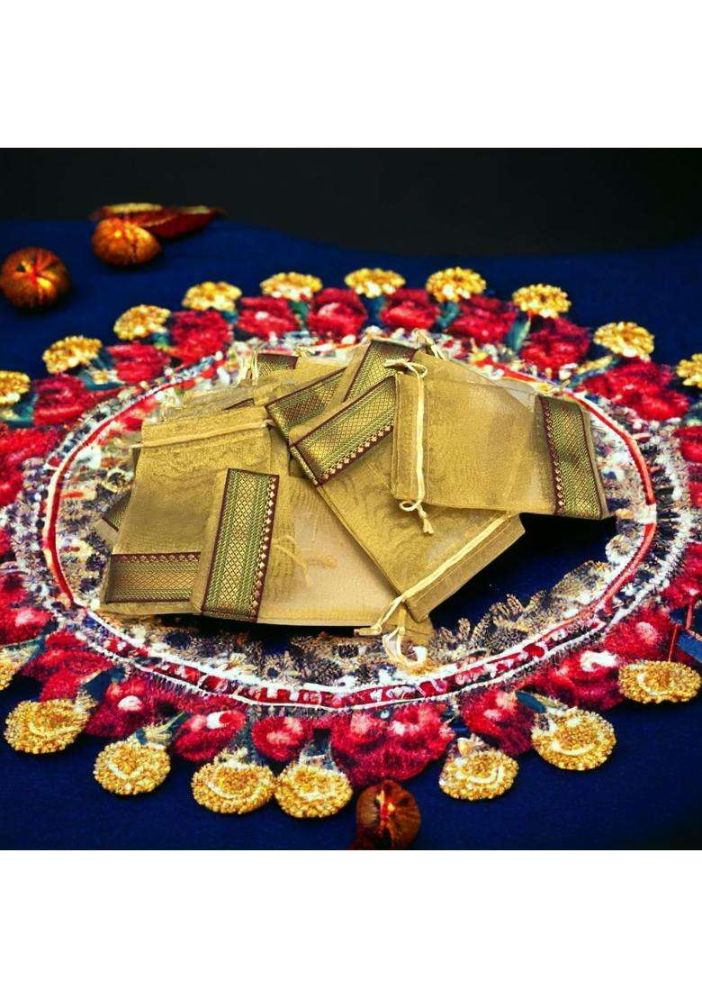 Kriwin 9 X 7 Inch Medium Size Tissue Silk Gift Bags Potli Pouches with Brocade Border Golden Pack of 25 - Indya