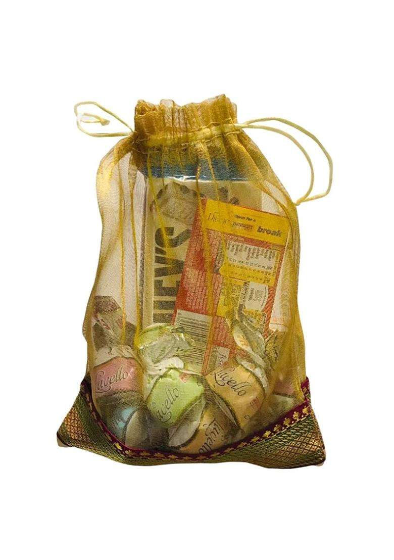 Kriwin 9 X 7 Inch Medium Size Tissue Silk Gift Bags Potli Pouches with Brocade Border Golden Pack of 25 - Indya