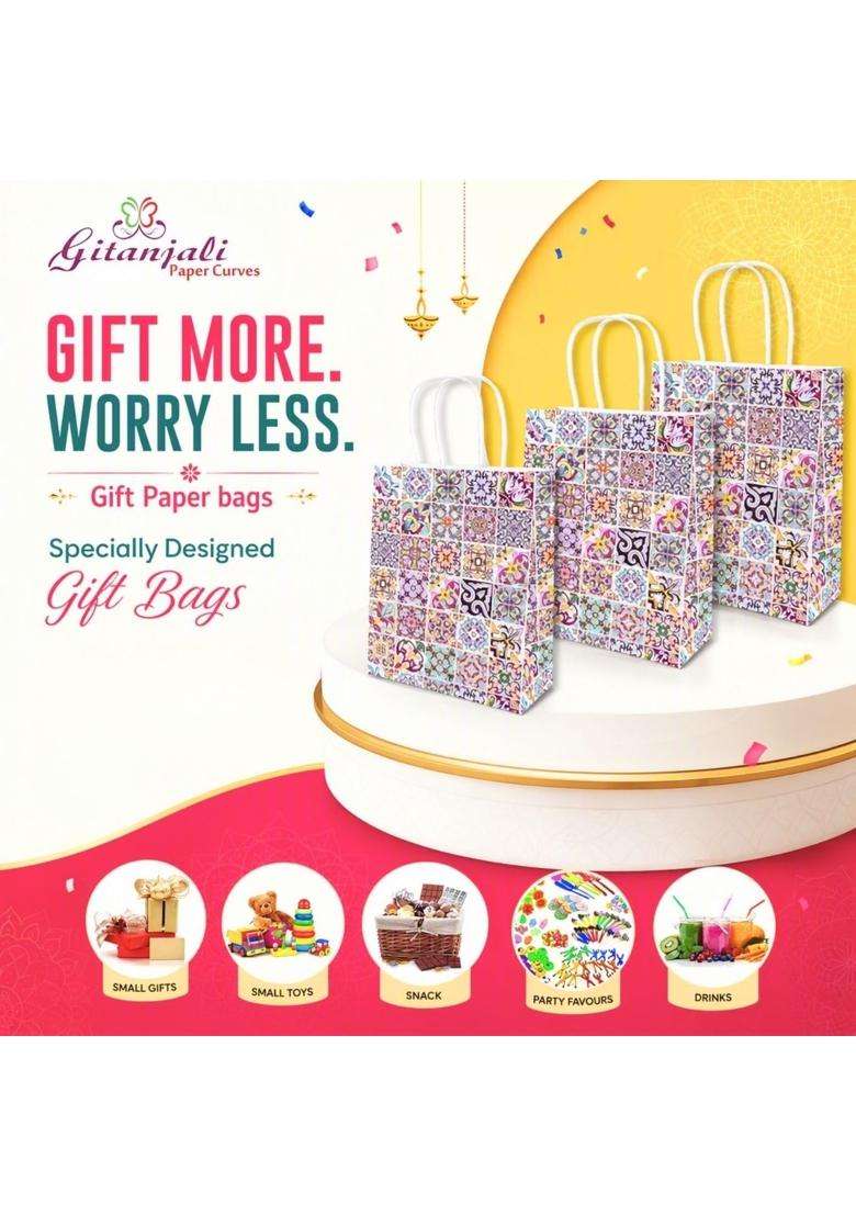 Gitanjali Paper Curves Gift Bags 25Pcs 8x4x10 Inch Paper Bags for Return Gifts Paper Gift Bag Pack of 25 - Indya