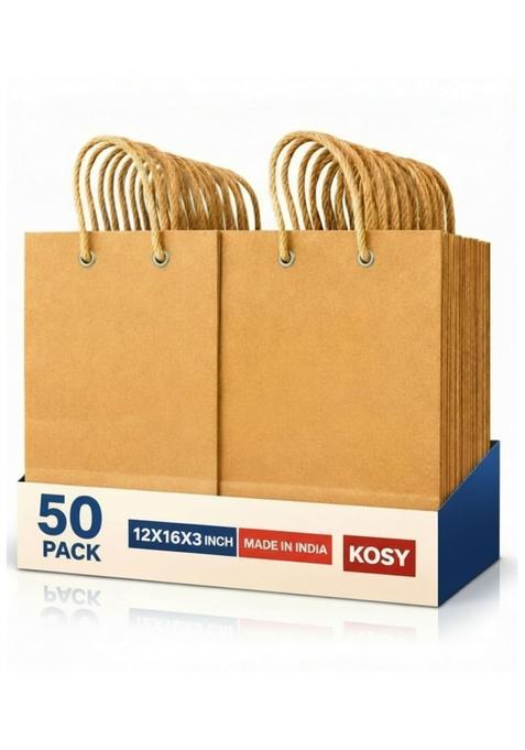 KOSY Brown Paper Bags Large Size 12x16x3 Inch Kraft Paper Carry Bags with Strong Rope Handles Eco Pack of 50
