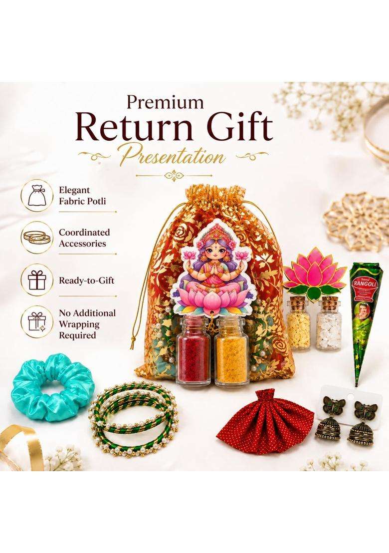 Kausheva Multicolor Premium Tambulam Return Gift Set for Women Haldi Kumkum Gift Hamper with Potli Bag Bangles - Indya