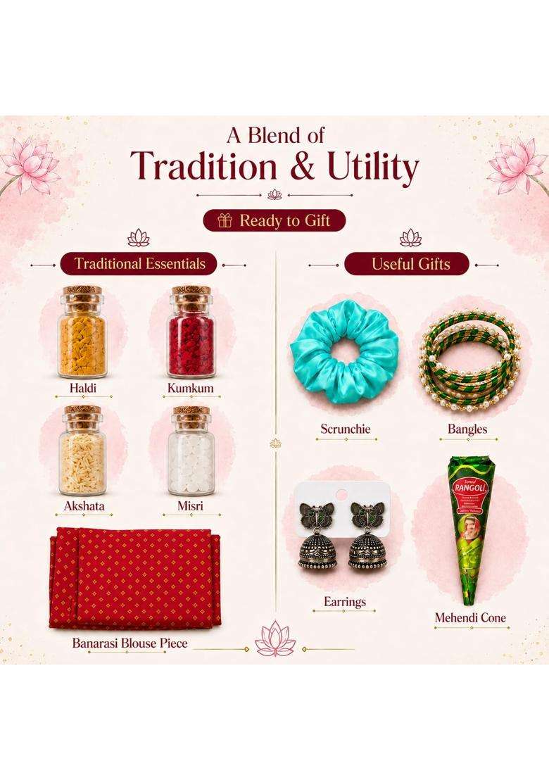 Kausheva Multicolor Premium Tambulam Return Gift Set for Women Haldi Kumkum Gift Hamper with Potli Bag Bangles - Indya