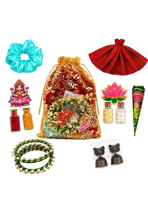 Kausheva Multicolor Premium Tambulam Return Gift Set for Women Haldi Kumkum Gift Hamper with Potli Bag Bangles