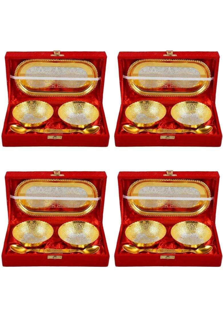 Saugat Traders Gold Plated Bowl Spoon and Tray Set with Velvet Gift Box for Pooja Pack of 4 - Indya