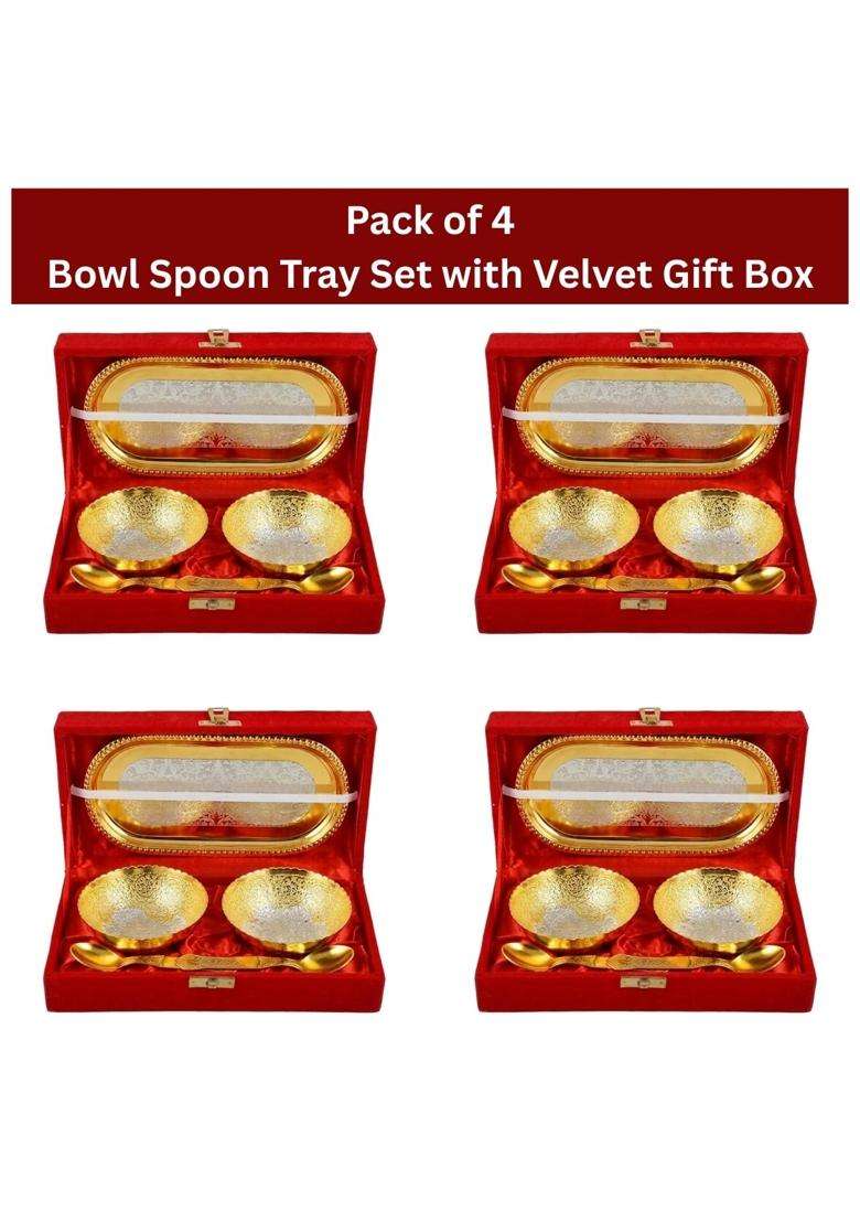 Saugat Traders Gold Plated Bowl Spoon and Tray Set with Velvet Gift Box for Pooja Pack of 4 - Indya
