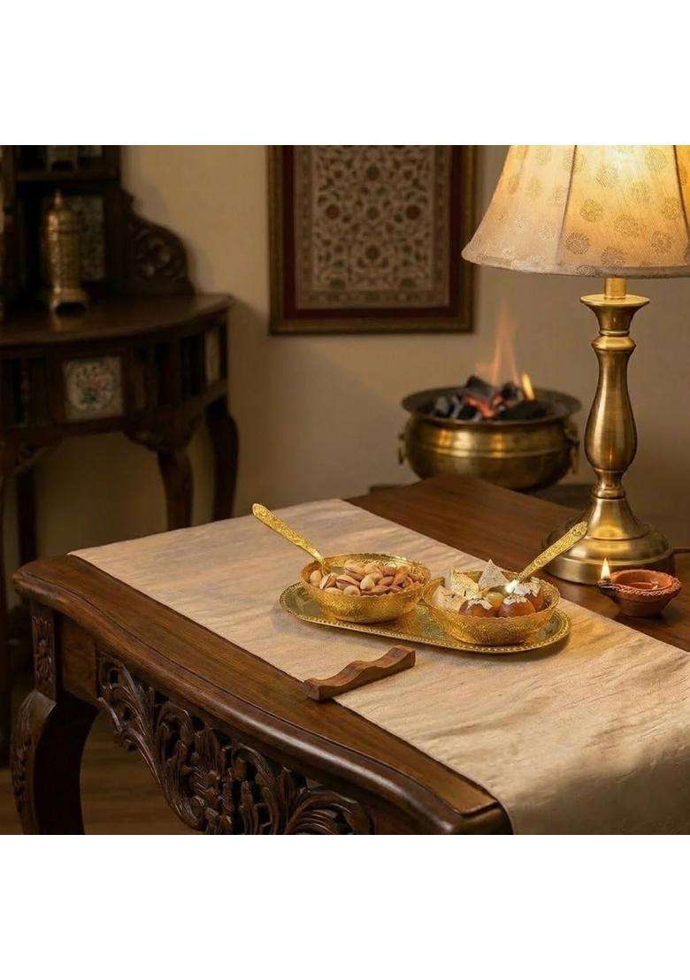 Saugat Traders Gold Plated Bowl Spoon and Tray Set with Velvet Gift Box for Pooja Pack of 4 - Indya