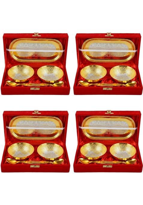 Saugat Traders Gold Plated Bowl Spoon and Tray Set with Velvet Gift Box for Pooja Pack of 4
