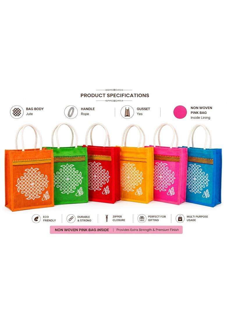 Anumala Jute World Premium Thamboolam Kolam Art Return Gift Bags Pack of 6 - Indya