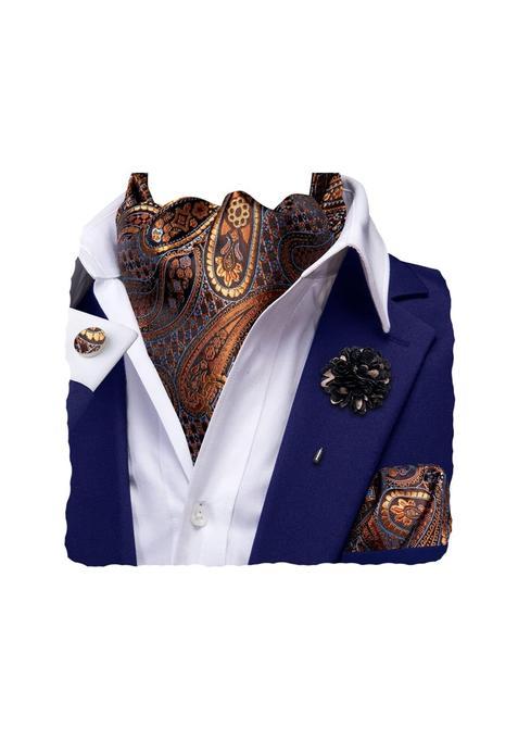 Hi Tie Mens Cravat and Flower Lapel Pin Set Jacquard Silk Ascot Handkerchief Cufflinks for Wedding Party Daily
