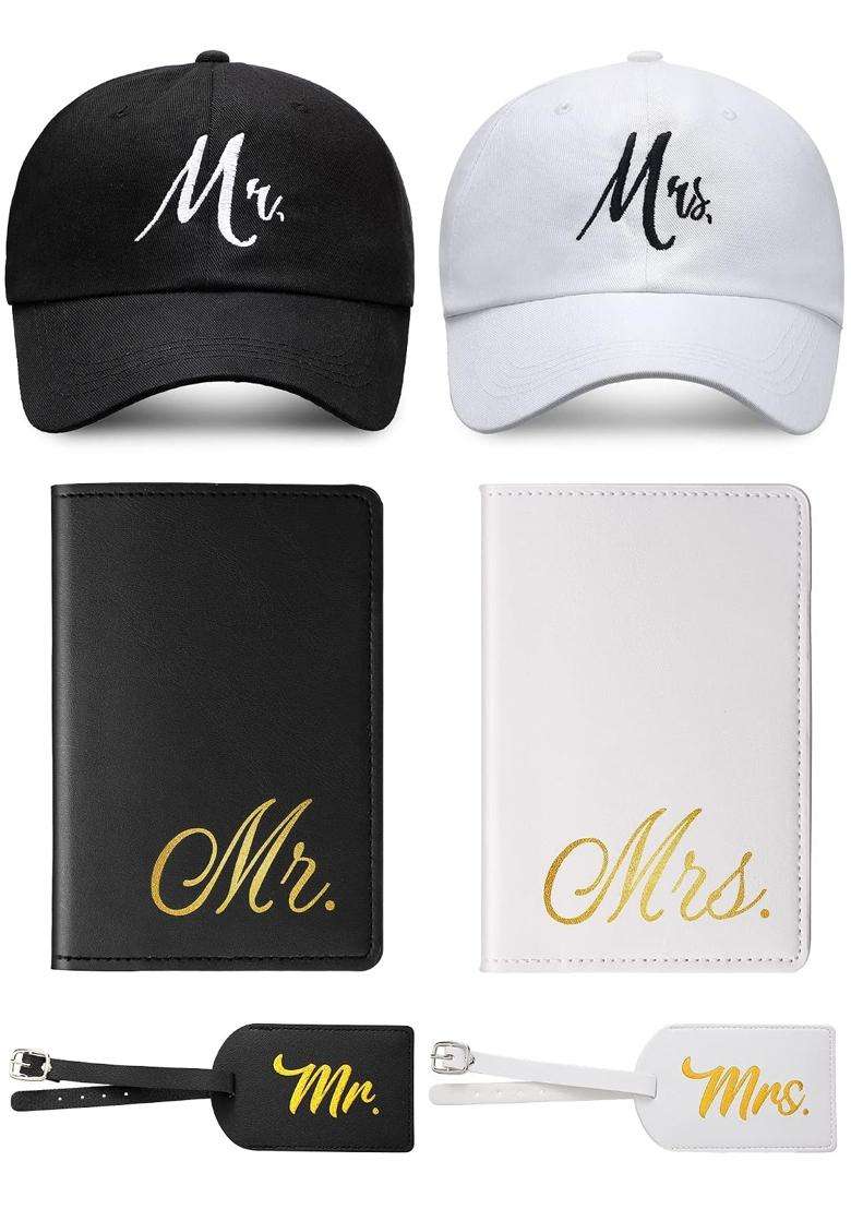 Jeyiour 6 Pieces Mr and Mrs Gifts Set for Couple Including Bride Baseball Caps and Groom Mr and Mrs Luggage - Indya
