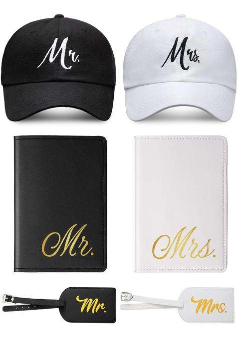 Jeyiour 6 Pieces Mr and Mrs Gifts Set for Couple Including Bride Baseball Caps and Groom Mr and Mrs Luggage
