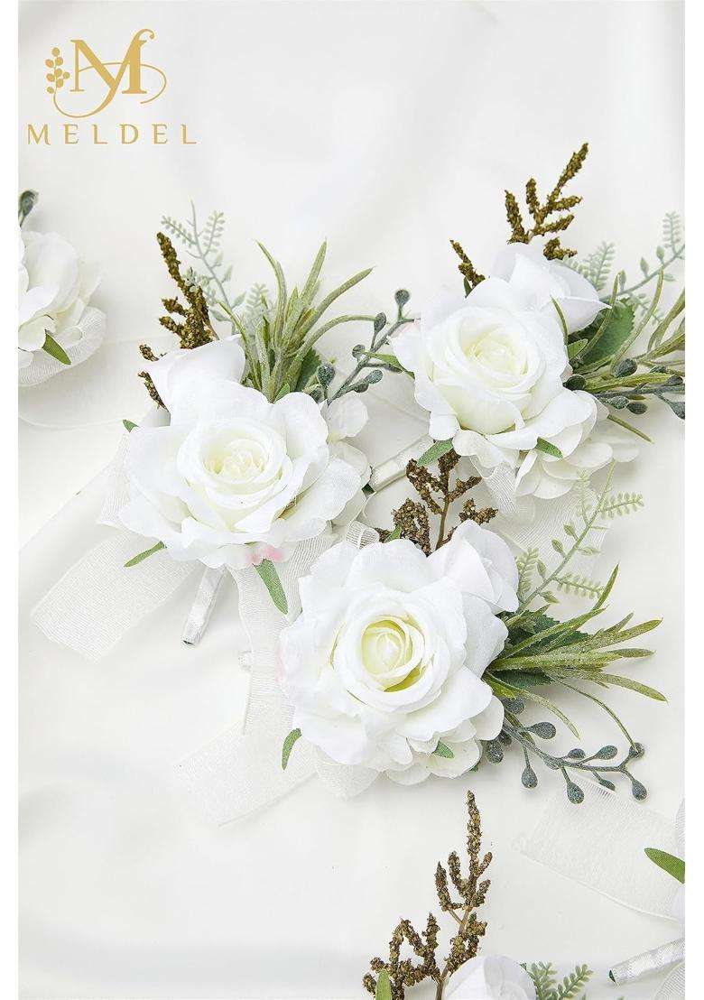 Meldel Boutonniere for Men Wedding Elegant Artificial White Rose Boutonniere for Wedding Prom Set of 6 - Indya