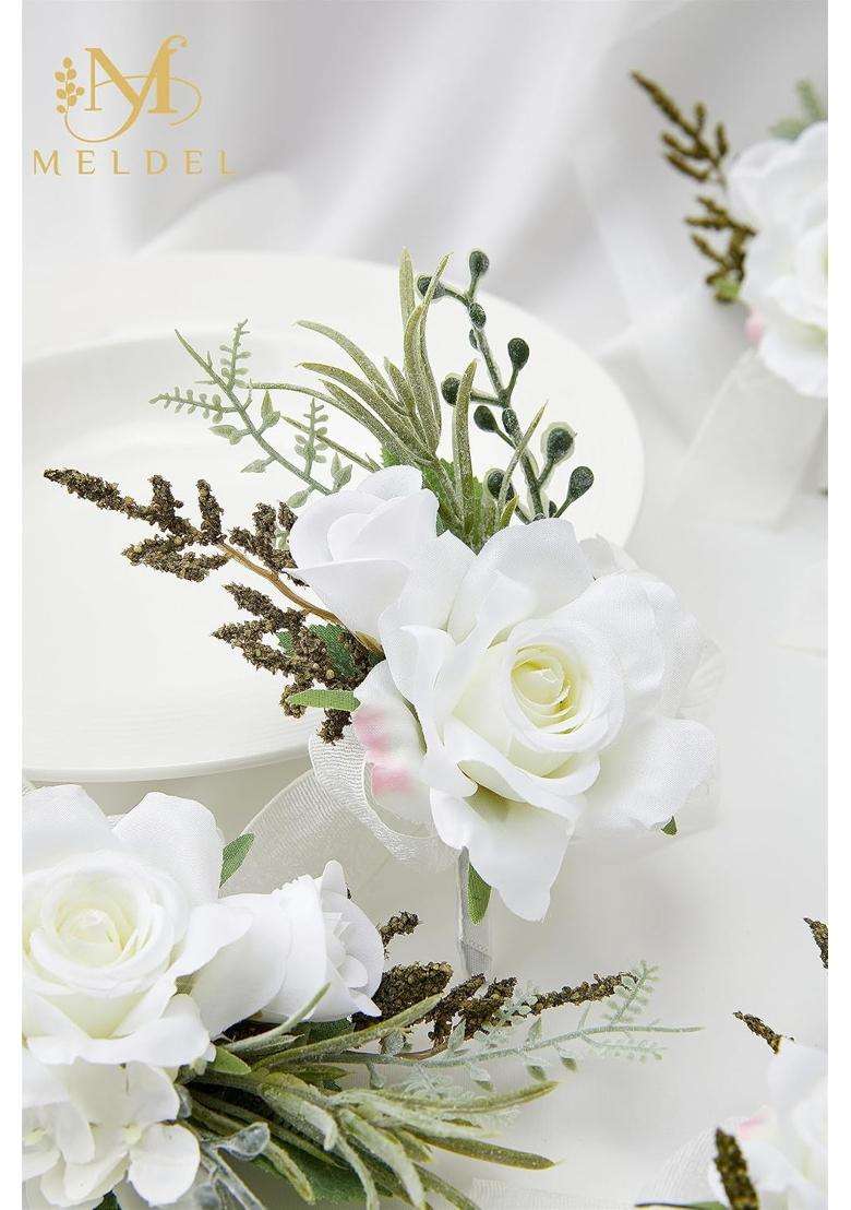Meldel Boutonniere for Men Wedding Elegant Artificial White Rose Boutonniere for Wedding Prom Set of 6 - Indya