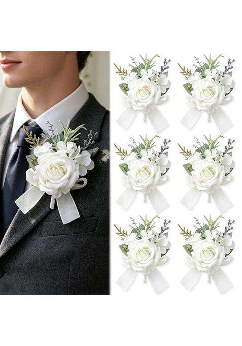 Meldel Boutonniere for Men Wedding Elegant Artificial White Rose Boutonniere for Wedding Prom Set of 6