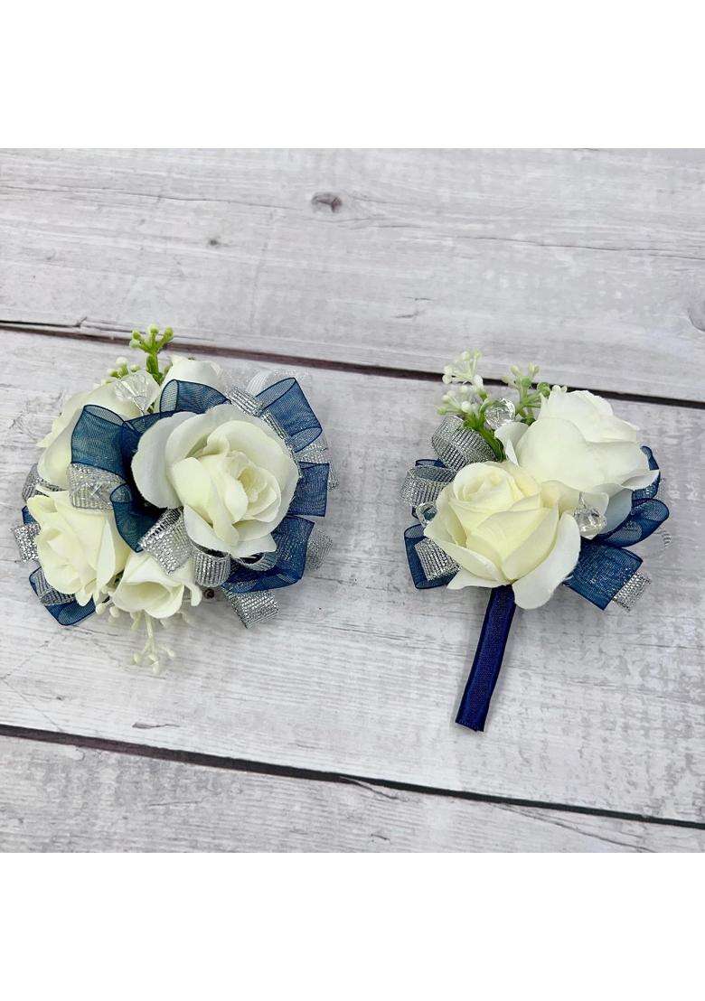 Ansuma Ivory Rose Flower Wrist Corsage Boutonniere Set Bridesmaid Wrist Corsage Bracelet and Groom and Best - Indya