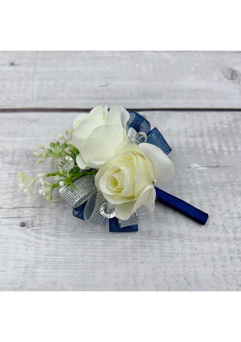 Ansuma Ivory Rose Flower Wrist Corsage Boutonniere Set Bridesmaid Wrist Corsage Bracelet and Groom and Best - Indya