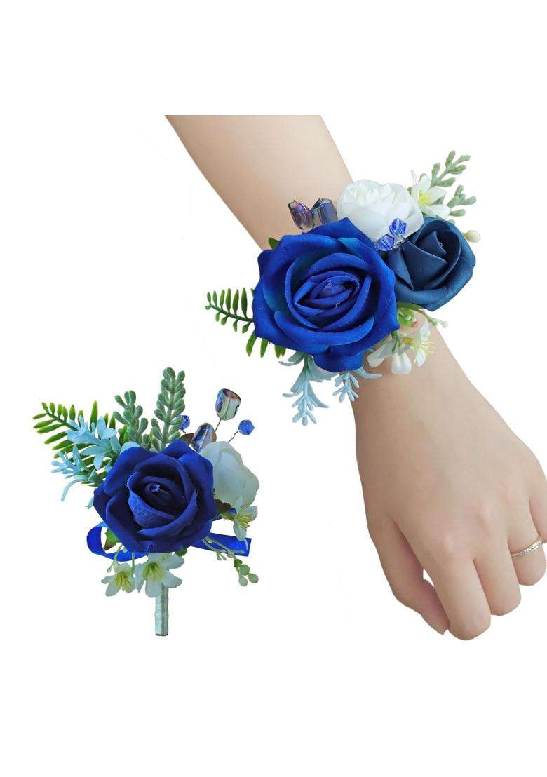 Beciem Royal Blue Corsage and Boutonniere Set for Bride Groom Bridesmaids Groomsmen Wedding Homecoming Flowers - Indya