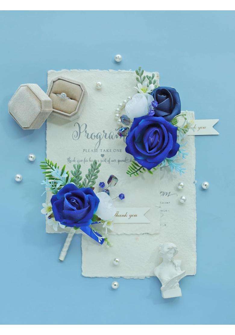 Beciem Royal Blue Corsage and Boutonniere Set for Bride Groom Bridesmaids Groomsmen Wedding Homecoming Flowers - Indya
