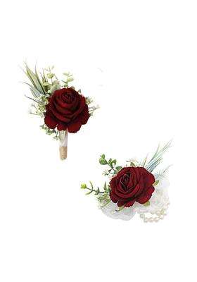 Ansofi Wine Red Corsage and Boutonniere Set Artificial Burgundy Rose Flower Wrist Corsage and Boutineers