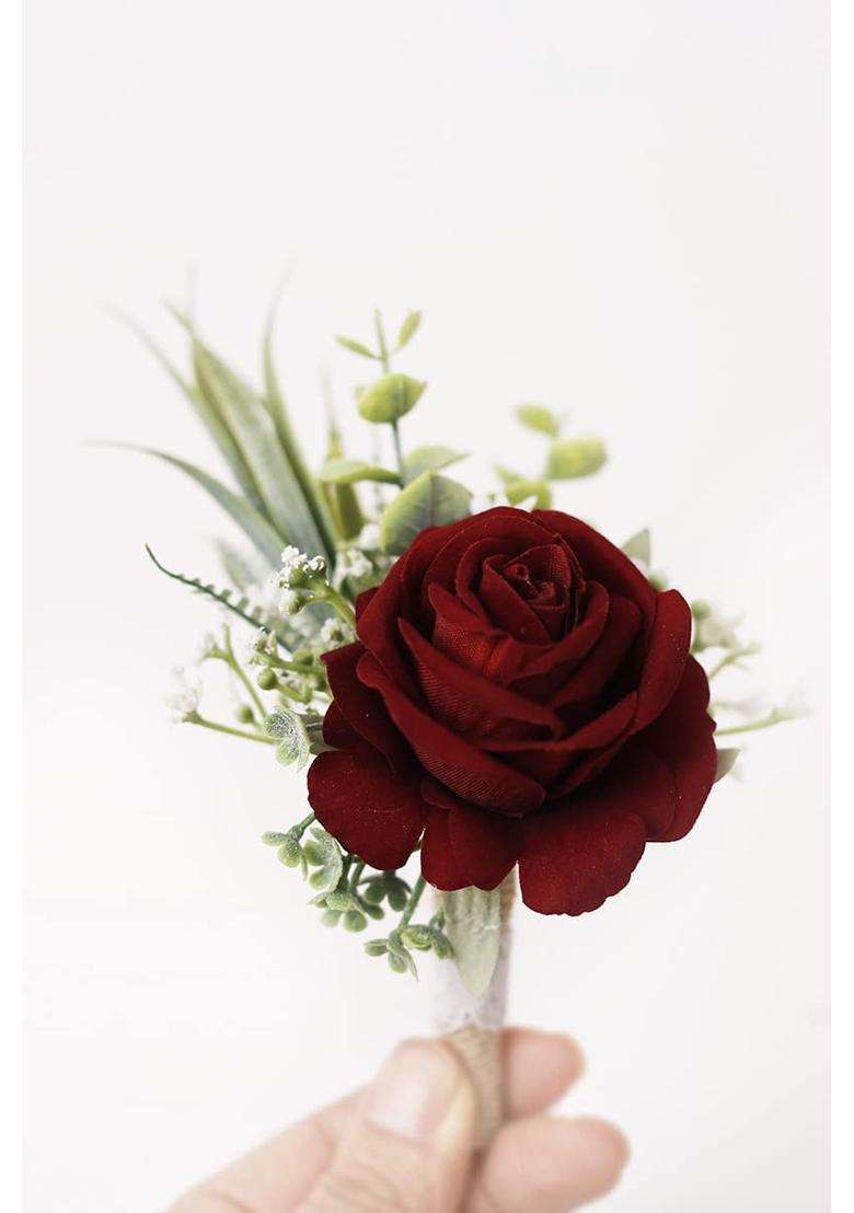 Ansofi Wine Red Corsage and Boutonniere Set Artificial Burgundy Rose Flower Wrist Corsage and Boutineers - Indya