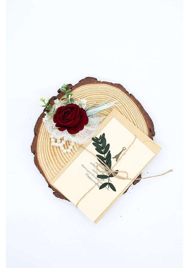 Ansofi Wine Red Corsage and Boutonniere Set Artificial Burgundy Rose Flower Wrist Corsage and Boutineers - Indya
