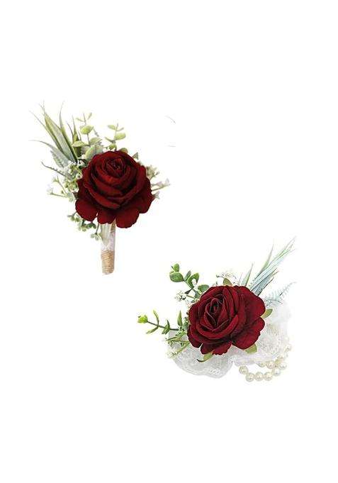 Ansofi Wine Red Corsage and Boutonniere Set Artificial Burgundy Rose Flower Wrist Corsage and Boutineers