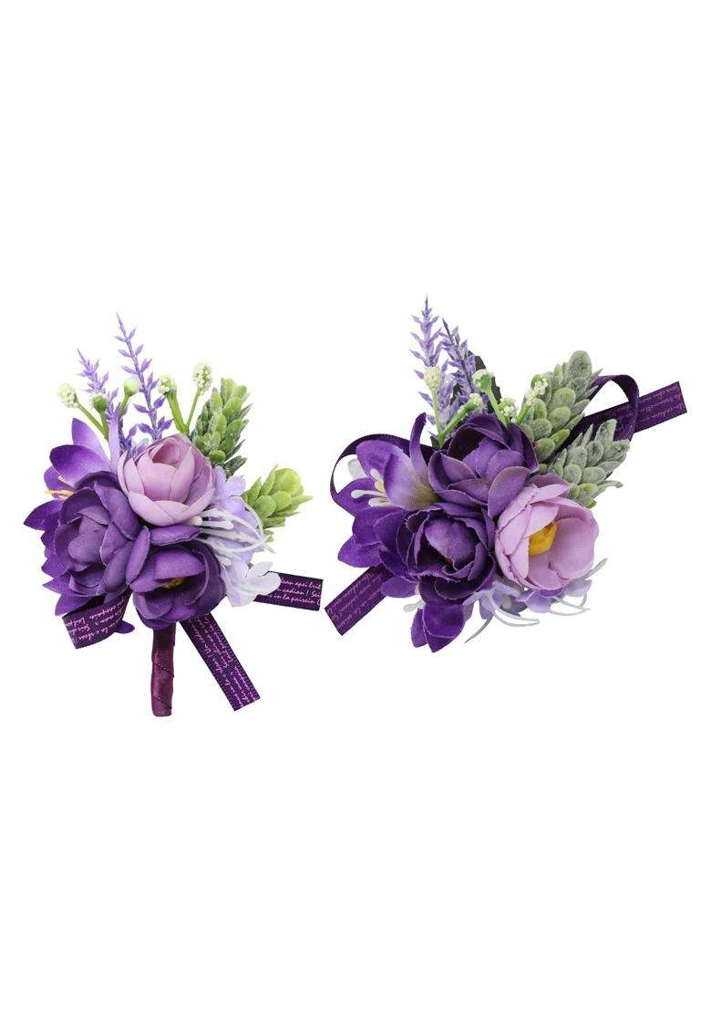 Yueton Purple Wrist Corsage and Boutonniere Set Artificial Wedding Wrist Corsage Groom Bride Wedding Flowers - Indya