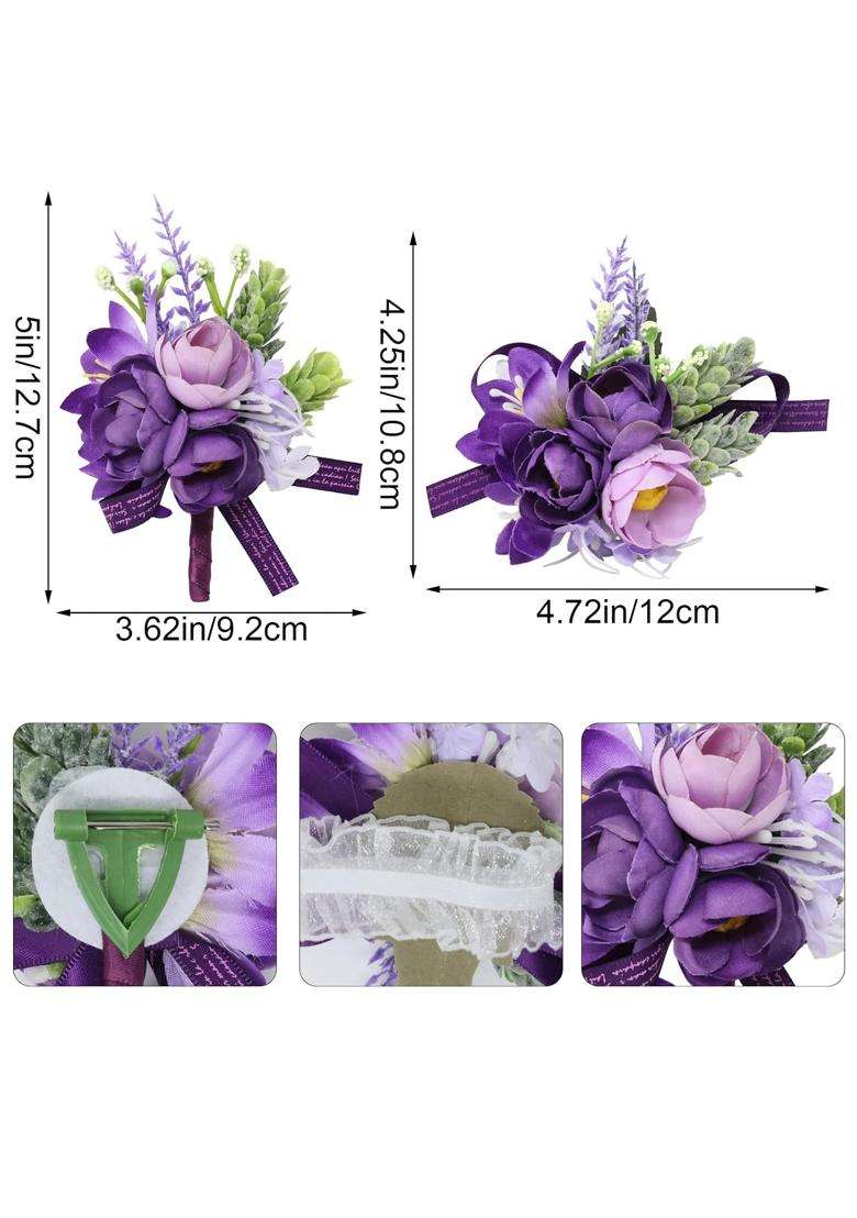 Yueton Purple Wrist Corsage and Boutonniere Set Artificial Wedding Wrist Corsage Groom Bride Wedding Flowers - Indya