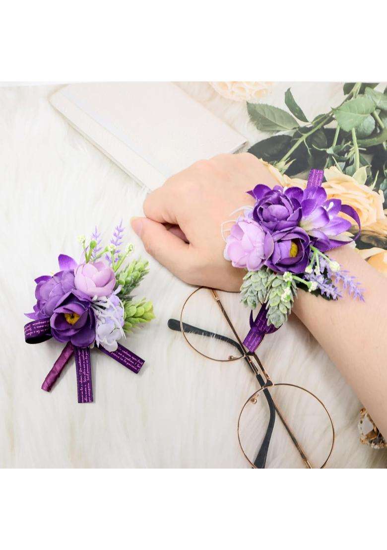 Yueton Purple Wrist Corsage and Boutonniere Set Artificial Wedding Wrist Corsage Groom Bride Wedding Flowers - Indya