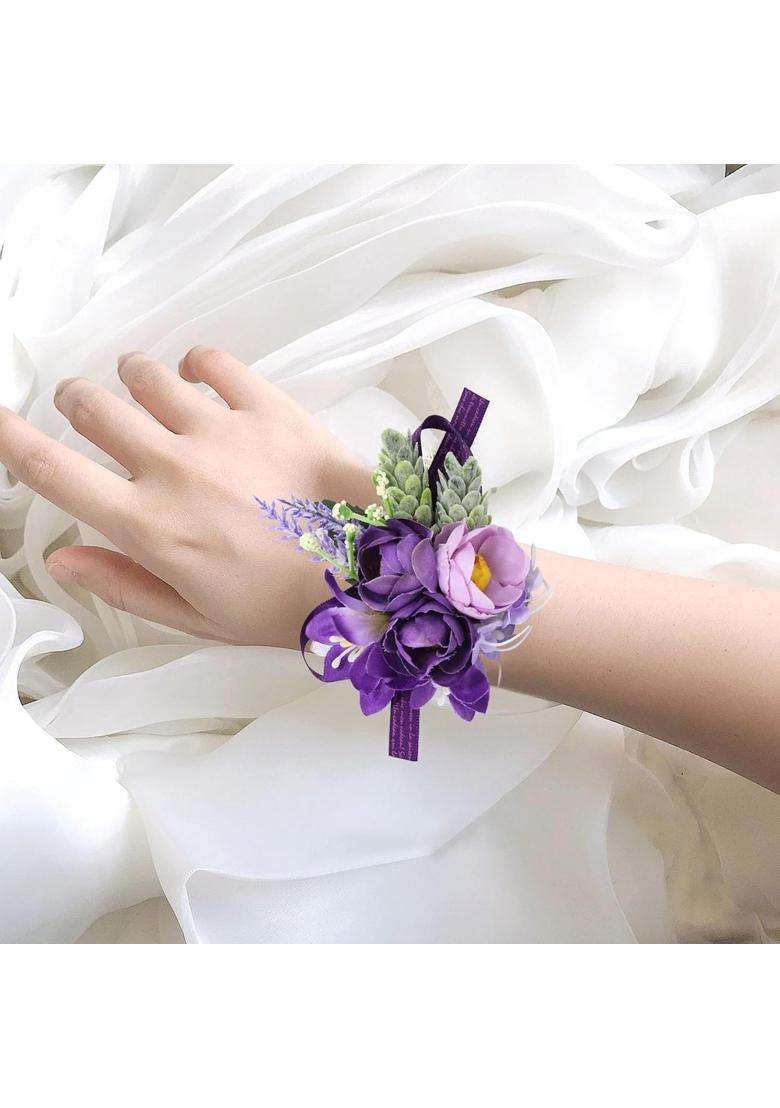 Yueton Purple Wrist Corsage and Boutonniere Set Artificial Wedding Wrist Corsage Groom Bride Wedding Flowers - Indya