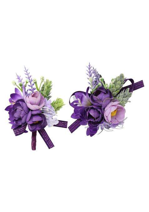 Yueton Purple Wrist Corsage and Boutonniere Set Artificial Wedding Wrist Corsage Groom Bride Wedding Flowers